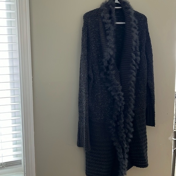 [2XL]Sioni Snap Button Rabbit Fur Trim Mixed Texture Cardigan - Picture 1 of 13